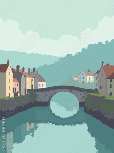 Barnstaple – River Taw quay and medieval bridge in mist, palette: quay brown, river teal, bridge stone, seafoam