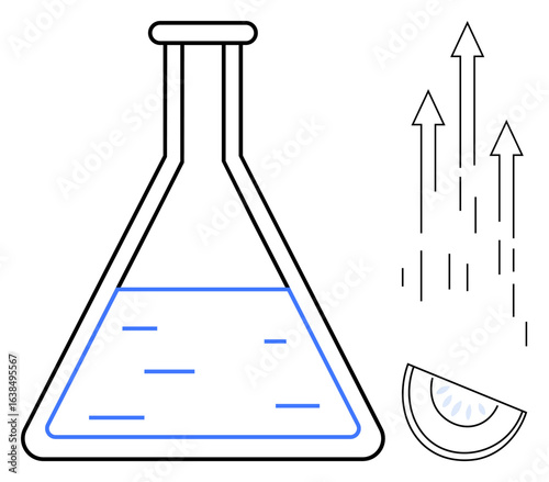 Chemistry lab flask partially filled with liquid, upward arrows symbolizing vaporization, and a citrus slice. Ideal for science, chemistry, research, experiments, innovation, education and chemistry