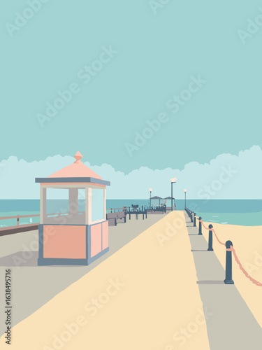 Thornton-Cleveleys – Sandy promenade and pier kiosks, palette: promenade beige, kiosk pastel, sea blue, lamp white
