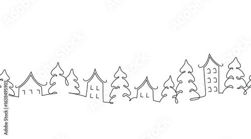 Winter Village Outline Drawing. Christmas Seamless Border. Line Art Style. Winter Landscape. Houses, Fir Trees. Window Holiday Decoration Template. Vector Illustration in Black, White