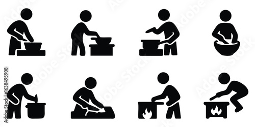 Stickman silhouette icons showing cooking, mixing, and food preparation activities in minimal flat pictogram design
