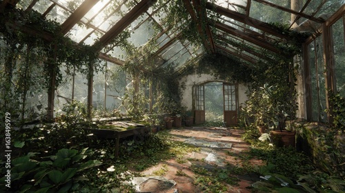 Overgrown Greenhouse Interior, Jungle Setting, Sunbeams, Abandoned, Video Game Background