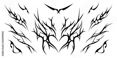 Tribal tattoo vector with flames, heart, wings, and symmetrical black shapes. Abstract decorative design for stencil, flash, biker art, and body ink. Vector illustration isolated on a white background