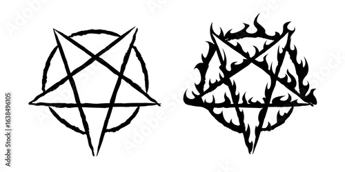 Grunge and flame pentagram symbols. Black hand-drawn satanic star and burning occult icon. Vector illustration for tattoo, metal art, gothic design, or dark alternative themes.