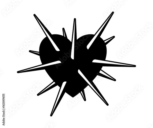 Spiked heart tattoo design, gothic love symbol, Black element for metal art, punk designs or dark alternative themes. Vector illustration isolated on a white background in flat style.