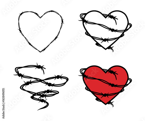 Heart made of barbed wire and tightly wrapped, gothic love symbol, heartbreak concept. Valentines day dark aesthetic. Vector illustration isolated on a white background in flat style.