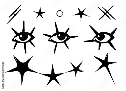 Scary eyes and stars tattoo design. Set of mystic black big eyelashes in hand drawn style and other elements. Neo traditional or new school concept. Vector illustration isolated on a white background.