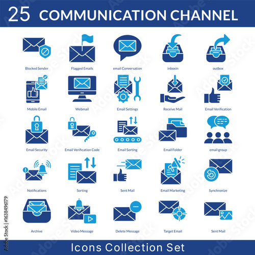 Communication Channel icon set collection in solid glyph style. an icon pack contain email conversation, inbox in, outbox, mobile email, webmail, email settings, receive mail, email verification