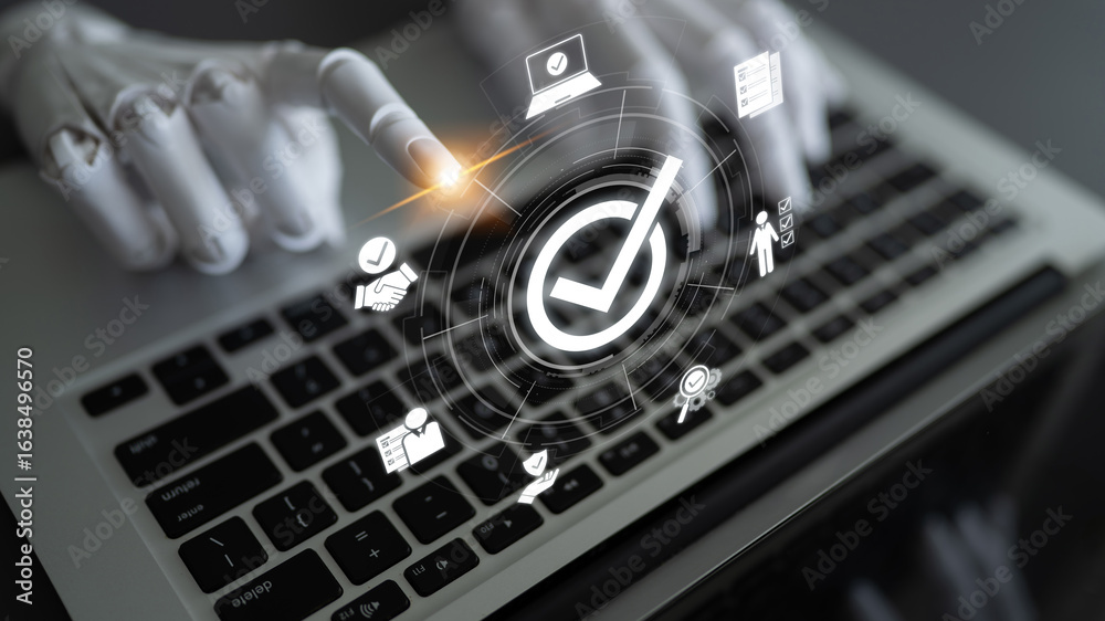 Fototapeta premium AI powers quality assurance through intelligent control systems, compliance monitoring, and virtual assistants to ensure product excellence. Latch