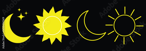 Sun and moon icon vector day and night icon set. dark and light mode icons contrast level signs and symbols for app user interface and web elements. Sun and night moon with stars editable stroke eps10