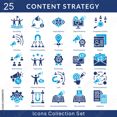Content Strategy icon set collection in solid glyph style. an icon pack contain marketing, customer acquisition, positioning, brand awareness, persona, public relation, experiential, brand image