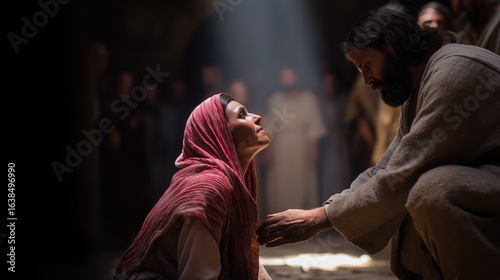 Inside the temple, Jesus heals a crippled woman whose bent back slowly straightens as she looks up joyfully under sunlight pouring through arches...