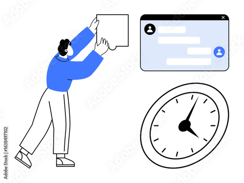 Person managing notifications with chat interface and clock, symbolizing collaboration, messaging, productivity, organization, scheduling, teamwork, and time tracking. Ideal for simple landing page