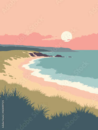 Exmouth – Dawlish Warren spit and estuary mouth vistas, palette: dune gold, surf teal, spit gray, sunset pink