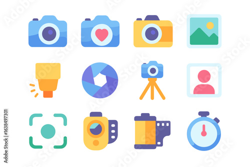 Camera and photography icon set. Image, lens, gallery, and tripod sign. Shutter, memory card, timer, and flash symbol. Portrait, focus, and snapshot pictogram. Studio equipment illustration.