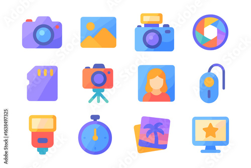 Camera and photography icon set. Image, lens, gallery, and portrait sign. Shutter, memory card, timer, and flash symbol. Remote, travel, and landscape pictogram. Studio equipment illustration.