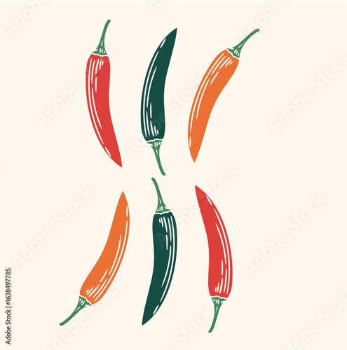 set Original hand-drawn illustration of a spicy chili pepper in a minimalist style. Illustrations for posters, cards, and graphic design.