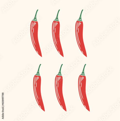set Original hand-drawn illustration of a spicy red chili pepper in a minimalist style. Illustrations for posters, cards, and graphic design.
