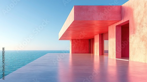 Minimalist Light Pink Architecture Abstract Render with Blue Sky Background, Floating Geometric Effect and Negative Space for Digital Design