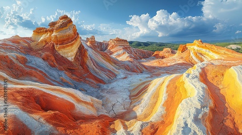 Panoramic Red Brown Striped Clay Mining Landscape, Aerial View of Excavation Holes with Cloudy Sky, Cinematic Lighting and Grain Texture