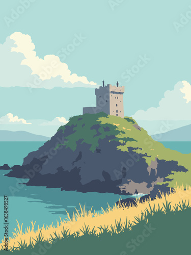 Newtownards – Scrabo Tower on volcanic crag with harbor below in tower stone, sea teal, rock gray, and gorse yellow