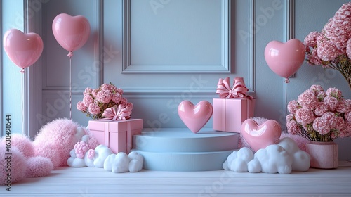 3D Elegant Podium with Pink Heart Balloons, Gift Boxes and Flowers on Blue Wall Background, Decorative Clouds for Valentine Backdrop