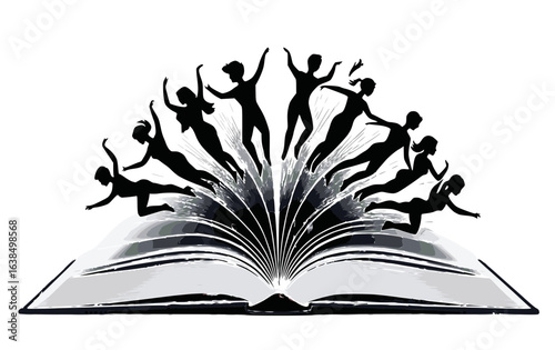 Open book depicting friendship with silhouettes of jumping figures in a creative design