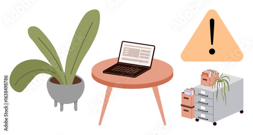 Laptop on table beside potted plant, filing cabinets with documents, and warning sign. Ideal for organization, productivity, office setup, data management, caution, remote work simple flat metaphor