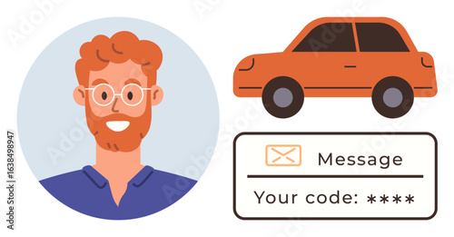 Smiling man avatar, orange car, and messaging box with security code. Ideal for ride-sharing, account verification, digital security, identity confirmation, user experience, online services simple