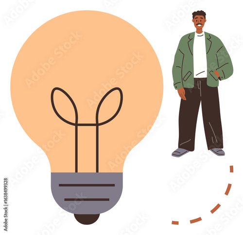 A person beside a large light bulb symbolizing ideas, creativity, and insight. Ideal for innovation, brainstorming, problem-solving, concepts, inspiration creativity decision-making. Simple flat