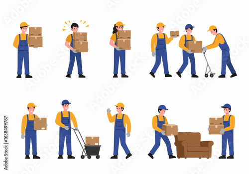 Professional Moving and Delivery Service Team Handling Boxes and Furniture Illustrations