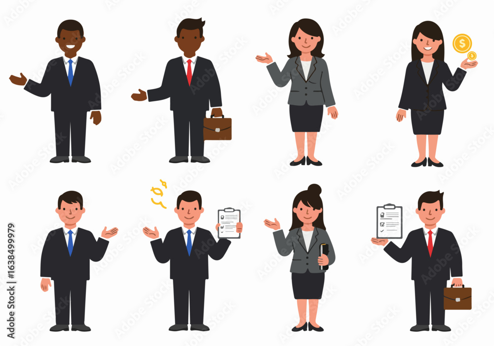 Diverse Business Professionals Vector Set: Men and Women with Briefcases, Money, and Checklists Diverse Business Professionals Vector Set: Men and Women with Briefcases, Money, and Checklists
