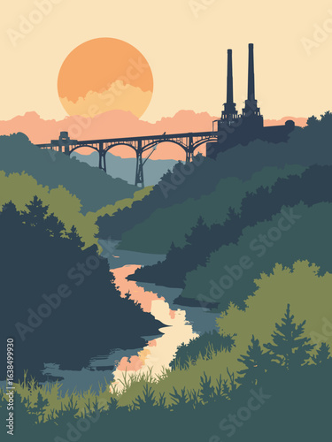 Consett – Steelworks heritage arches and valley in iron gray, slag brown, bracken green, and dawn amber