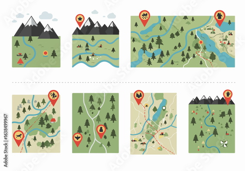 Outdoor adventure and nature exploration concept with stylized maps and location pins.