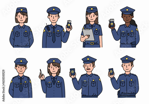 Diverse set of cartoon police officers and security personnel illustrations holding various equipment like passports and clipboards.
