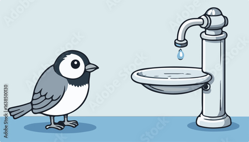 Cartoon bullfinch couple with a shower head on a branch in winter