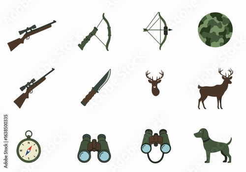 Hunting and Outdoor Adventure Icon Set: Rifles, Bows, Deer, Dog, Binoculars, and Camouflage Elements