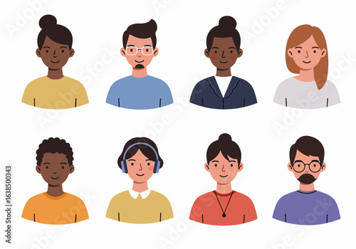 Diverse group of multi-ethnic people avatars with smiling faces, representing various genders and ages in a friendly, flat design style illustration.