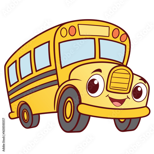 Cartoon yellow school bus smiles cheerfully with big eyes against a transparent backdrop