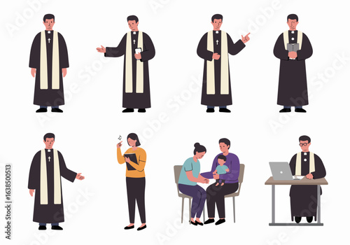 A collection of flat design vector illustrations depicting a Christian priest in various poses and situations, including religious service, counselling, and administrative work.