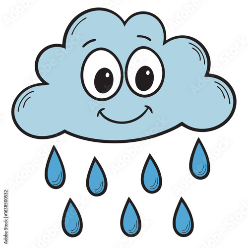 Cheerful cloud with large eyes smiling as it rains blue raindrops on white