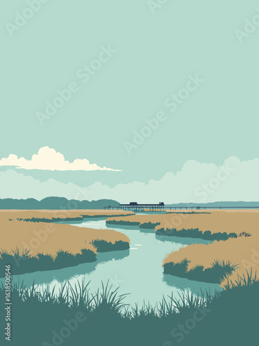 Stanford-le-Hope – Thameside marshes and pier silhouettes in marsh brown, estuary teal, reed green, and cloud white