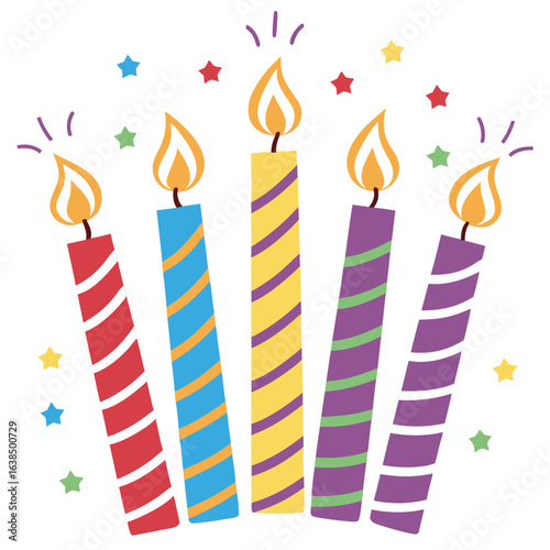 Five colorful striped candles flicker among bright confetti stars on a transparent background