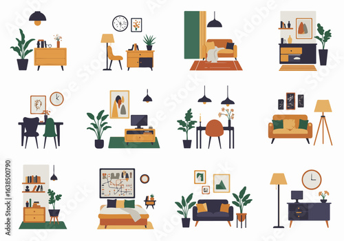 Minimalist flat design illustrations of modern home interior furniture and decor, depicting various room settings and cozy living spaces.