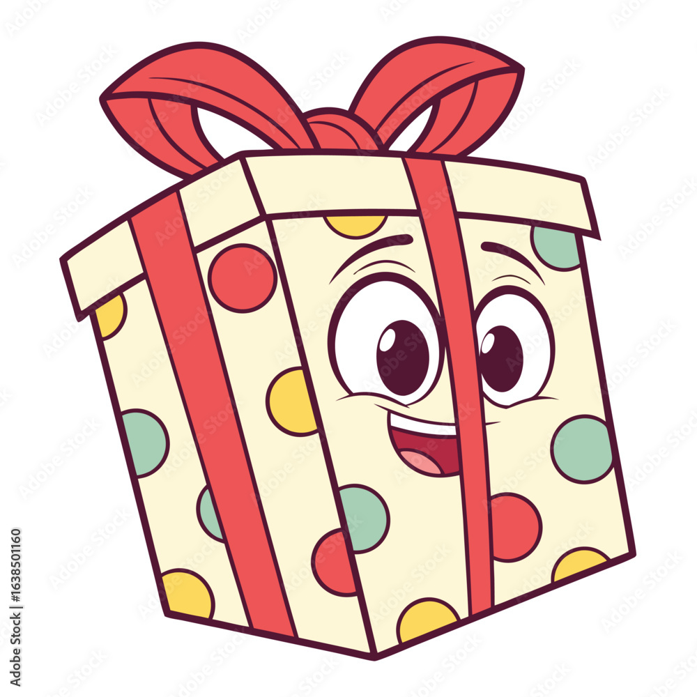 Naklejka premium Joyful gift box character smiles with a bow and colorful polka dots on its surface
