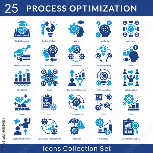 Process Optimization icon set collection in solid glyph style. an icon pack contain vision, hypothesis, alignment, higher education, proactive, intervention, decision making, audit, resistance, target