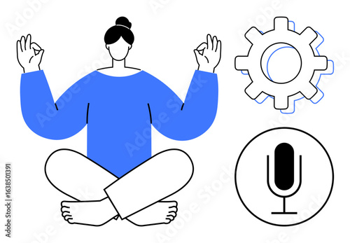 Woman meditating in a seated lotus pose, along with a gear and microphone. Ideal for wellness, mindfulness, productivity, balance, technology, self-care, and a simple landing page