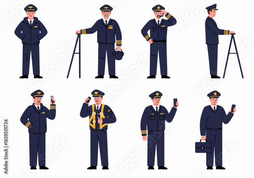Flat Design Illustrations of Airline Pilots in Various Poses and Actions, Ready for Flight Operations or Daily Duties.