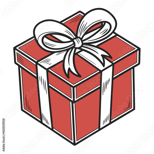 Beautifully wrapped red present box with a lovely white bow sitting isolated on white