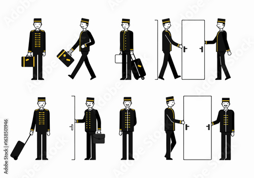 Collection of Bellhop and Hotel Porter Illustrations, Demonstrating Hospitality Services and Luggage Assistance.